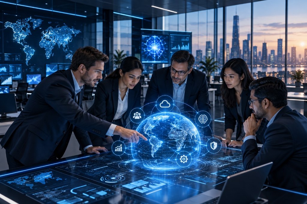 Pacific Ocean Inv Grp enterprise technology team collaborating in modern innovation center